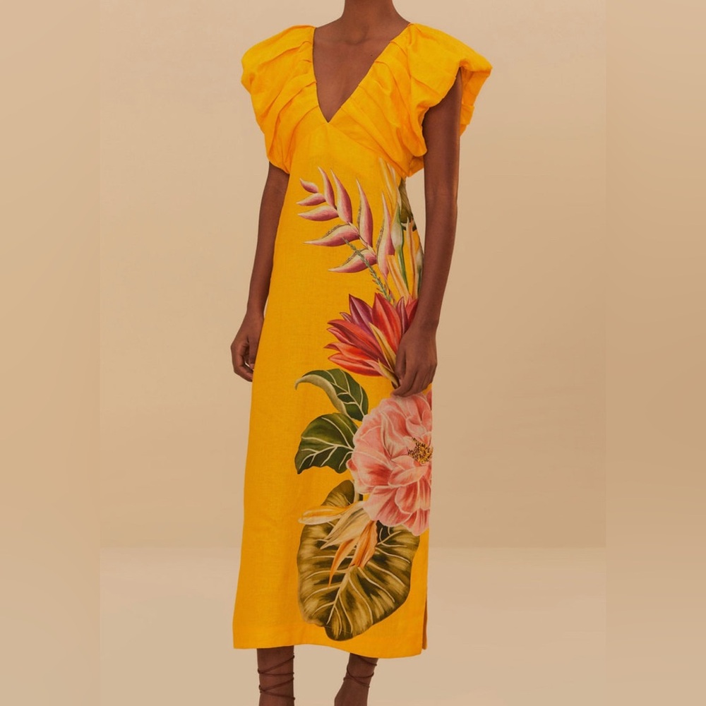 Farm Rio Yellow Linen Floral Dress
